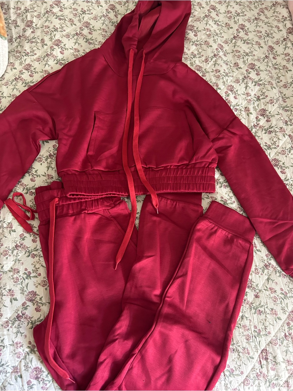 Fashion Nova Red Two-Piece Satin Hoodie & Joggers Set